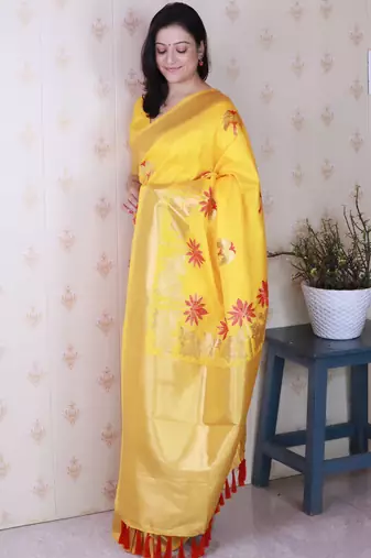 Mustard soft silk blend woven meenakari ceremonial partywear saree