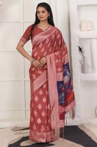 rust color silk blend fabric ceremonial looks partywear saree