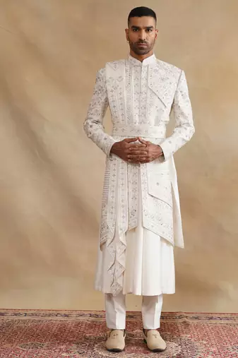 Ivory thread and swarovski embroidered layered sherwani for men