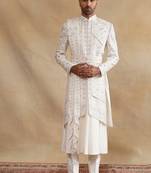 Ivory thread and swarovski embroidered layered sherwani for men