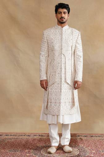 Ivory thread and swarovski embroidered layered sherwani for men