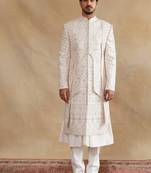 Ivory thread and swarovski embroidered layered sherwani for men