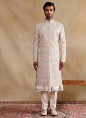Rose gold thread and hand embroidered sherwani for men 1