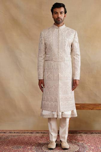 Rose gold thread and hand embroidered sherwani for men