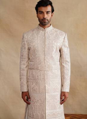 Rose gold thread and hand embroidered sherwani for men 2