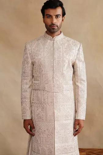 Rose gold thread and hand embroidered sherwani for men