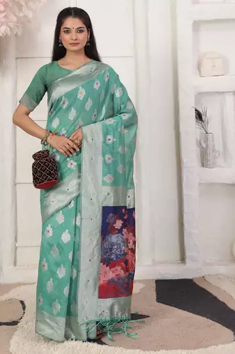 rama green color silk blend fabric ceremonial looks partywear saree