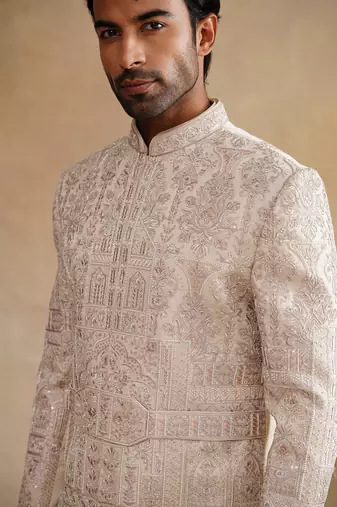Rose gold thread and hand embroidered sherwani for men