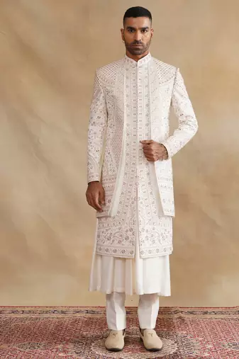Ivory thread and swarovski embroidered layered sherwani for men