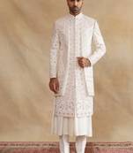 Ivory thread and swarovski embroidered layered sherwani for men