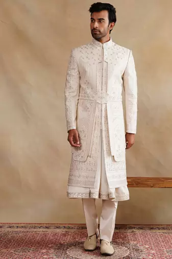 Rose gold thread and swarovski embroidered layered sherwani for men
