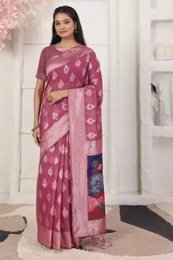 pink color silk blend fabric ceremonial looks partywear saree