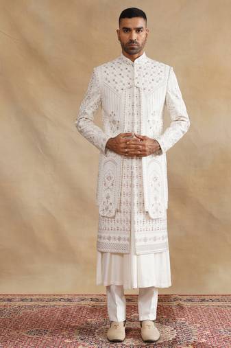 Ivory thread and swarovski embroidered layered sherwani for men