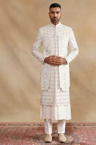 Ivory thread and swarovski embroidered layered sherwani for men