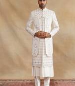 Ivory thread and swarovski embroidered layered sherwani for men