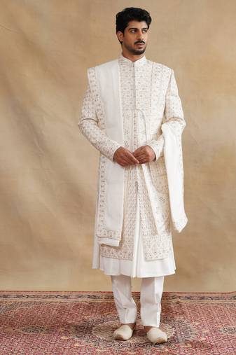 Ivory thread and swarovski embroidered layered sherwani for men