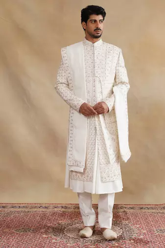 Ivory thread and swarovski embroidered layered sherwani for men