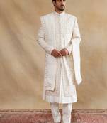 Ivory thread and swarovski embroidered layered sherwani for men