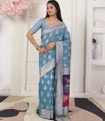 sky blue color silk blend fabric ceremonial looks partywear saree