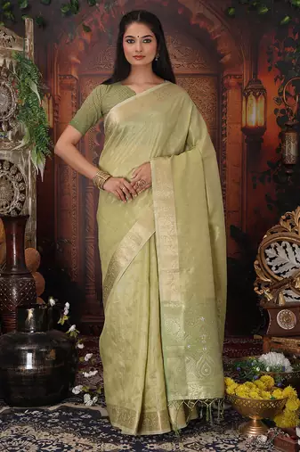 Pista color organza fabric woven designer trendy ethnic saree