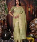 Pista color organza fabric woven designer trendy ethnic saree