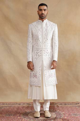 Ivory multicolor thread and swarovski embroidered sherwani for men