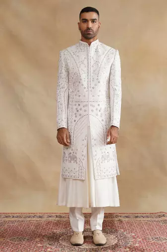 Ivory multicolor thread and swarovski embroidered sherwani for men