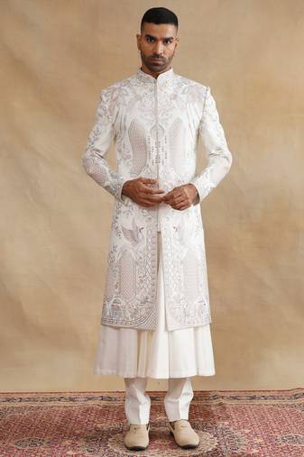 ivory thread and swarovski embroidered designer sherwani for men