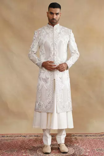 ivory thread and swarovski embroidered designer sherwani for men