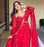 RED FUX BLOOMING EMBROIDERY PARTY WEAR SUIT SET 