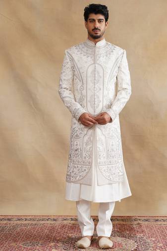 Ivory thread and swarovski embroidered sherwani for men