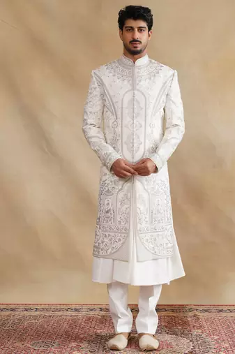 Ivory thread and swarovski embroidered sherwani for men