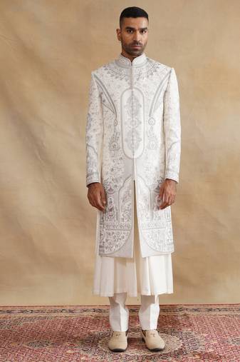 Ivory thread and swarovski embroidered sherwani for men
