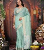 Rama green color organza fabric woven designer trendy ethnic saree