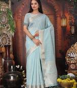 Sky blue color organza fabric woven designer trendy ethnic saree