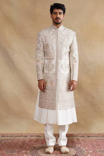 ivory zari and swarovski embroidered sherwani for men