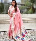 Baby pink color paithani silk woven designer ceremonial partywear saree