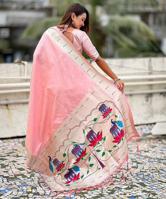 Baby pink paithani silk blend woven ceremonial partywear saree 2