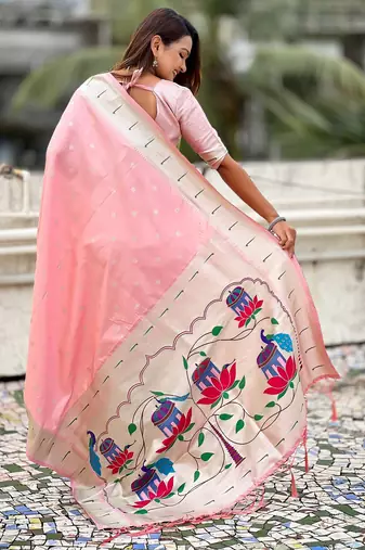 Baby pink paithani silk blend woven ceremonial partywear saree