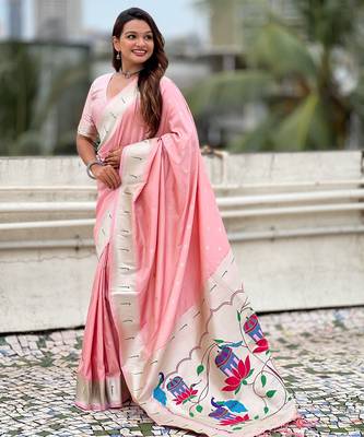Baby pink paithani silk blend woven ceremonial partywear saree 4