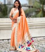 Peach color paithani silk woven designer ceremonial partywear saree