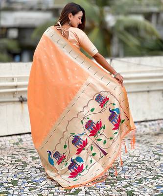 Peach paithani silk blend woven ceremonial partywear saree 2