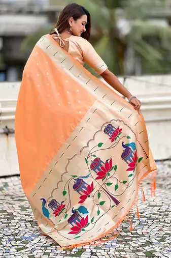 Peach paithani silk blend woven ceremonial partywear saree