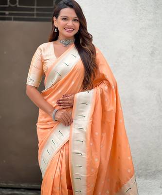 Peach paithani silk blend woven ceremonial partywear saree 3