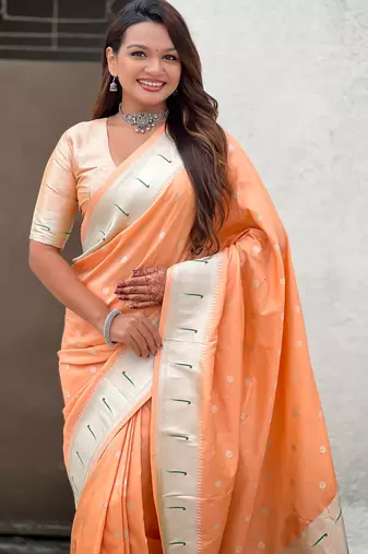 Peach paithani silk blend woven ceremonial partywear saree