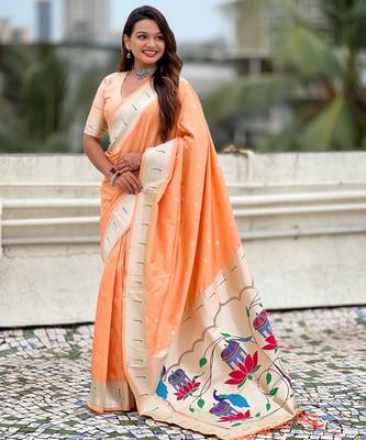 Peach paithani silk blend woven ceremonial partywear saree 4