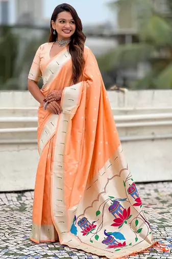 Peach paithani silk blend woven ceremonial partywear saree