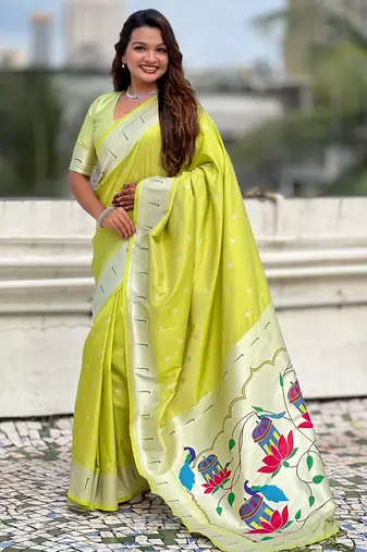 Pista color paithani silk woven designer ceremonial partywear saree