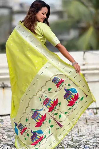 Pista paithani silk blend woven ceremonial partywear saree