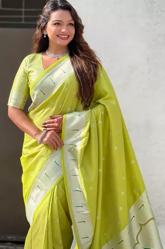 Pista paithani silk blend woven ceremonial partywear saree